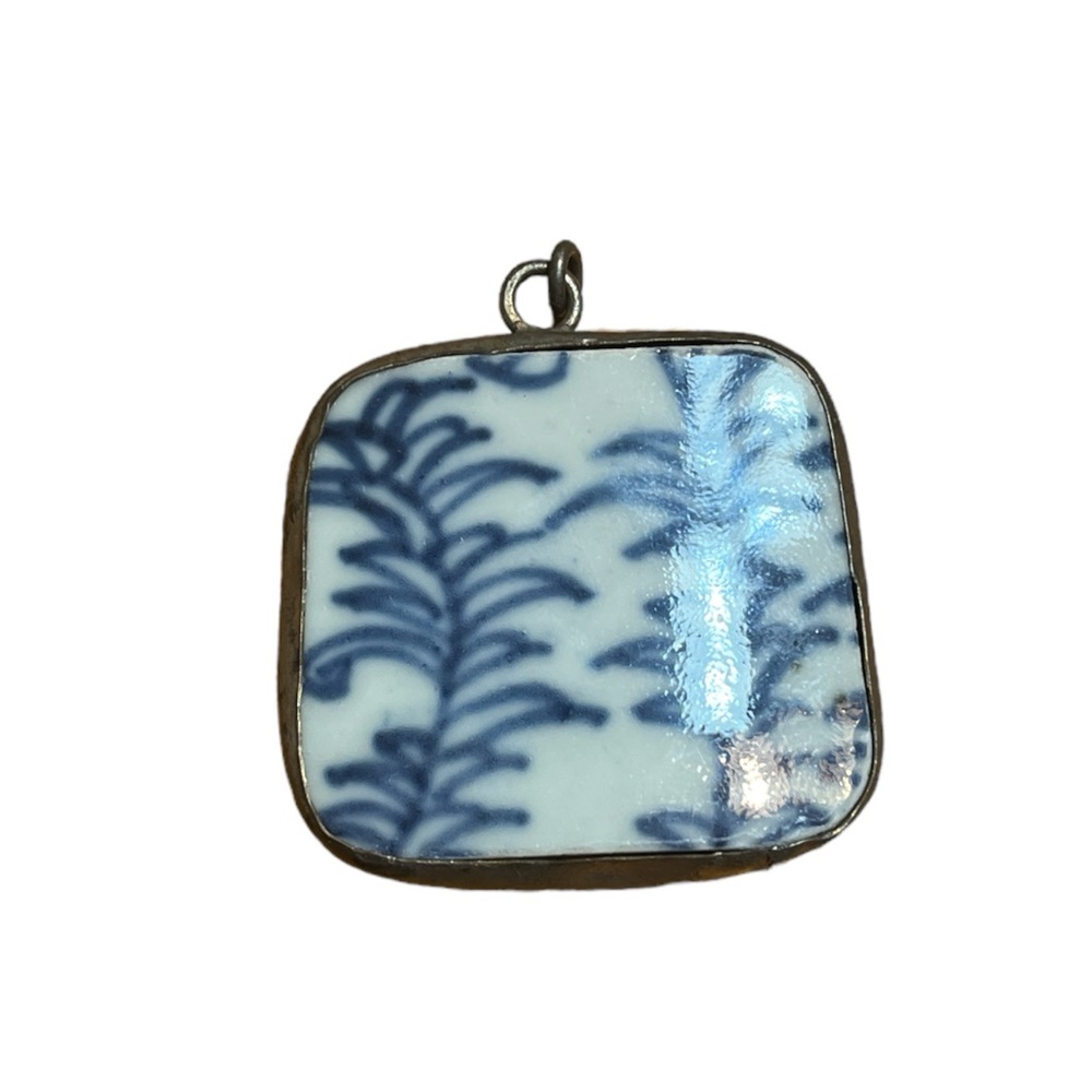Blue Floral Porcelain Necklace Pendant